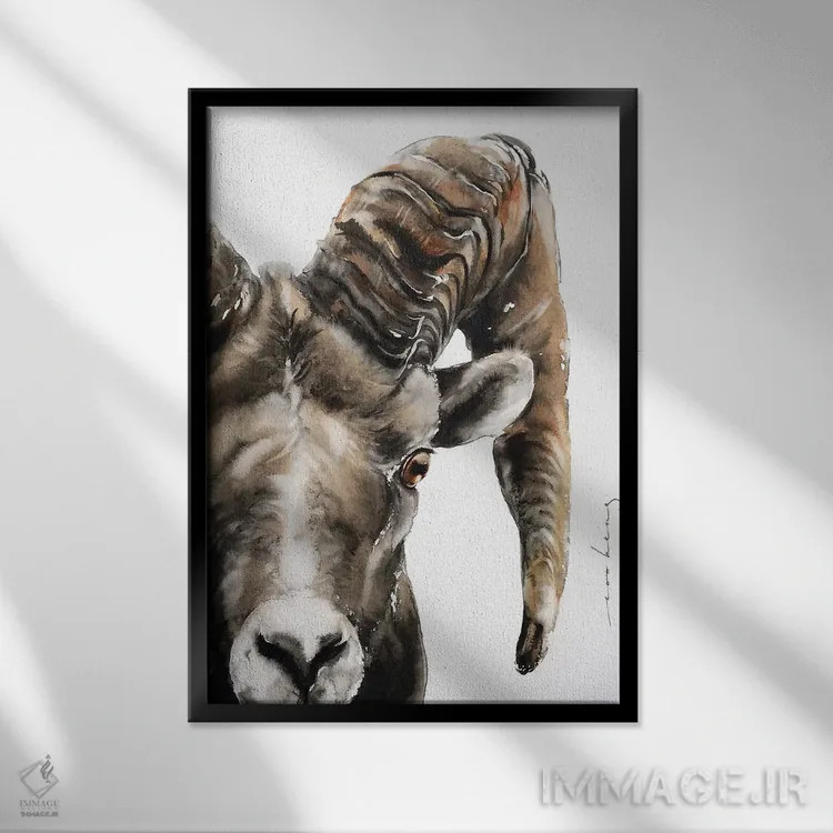 تابلو دکوراتیو قوچ سنگی اثر سو بنگ لیم - نمای قابدار مشکی