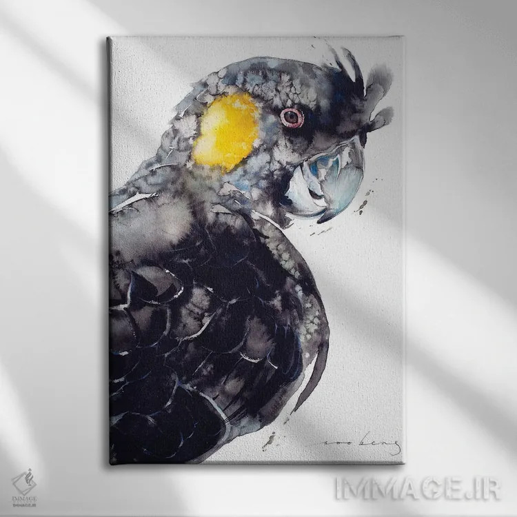تابلو دکوراتیو کاکاتو سیاه دم زرد اثر سو بنگ لیم - نمای روبهرو روی دیوار
