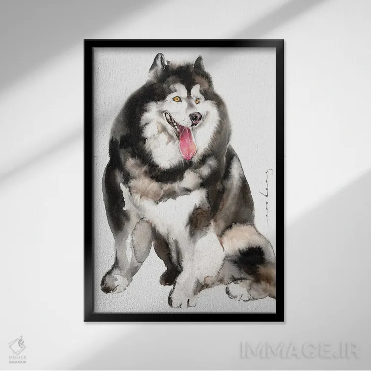 تابلو دکوراتیو توله هاسکی اثر سو بنگ لیم - نمای قابدار مشکی