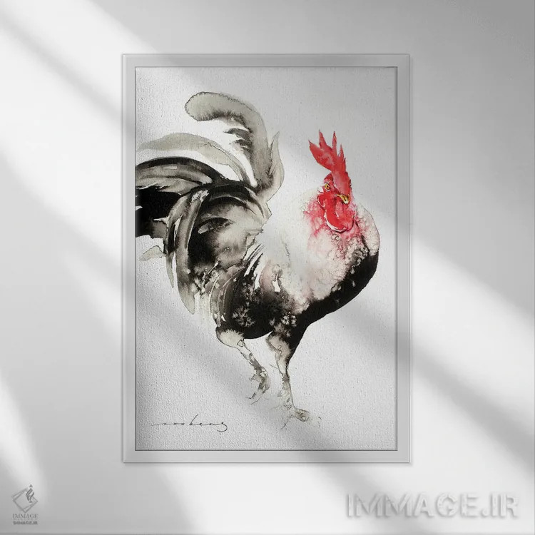 تابلو دکوراتیو راه رفتن نمایشی خروس اثر سو بنگ لیم - نمای قابدار سفید