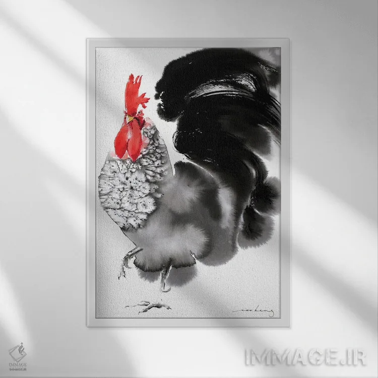 تابلو دکوراتیو خروس بانگ زن اثر سو بنگ لیم - نمای قابدار سفید