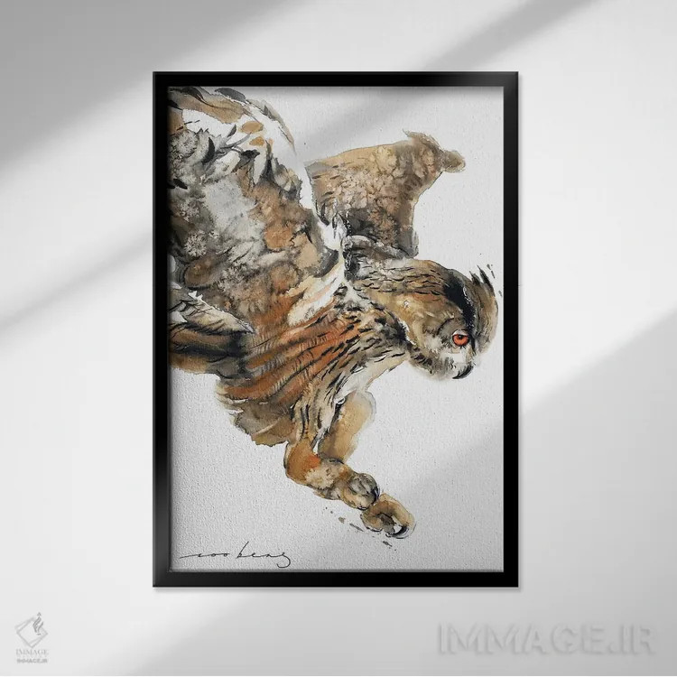 تابلو دکوراتیو شکار جغد اثر سو بنگ لیم - نمای قابدار مشکی