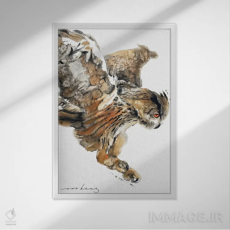 تابلو دکوراتیو شکار جغد اثر سو بنگ لیم - نمای قابدار سفید