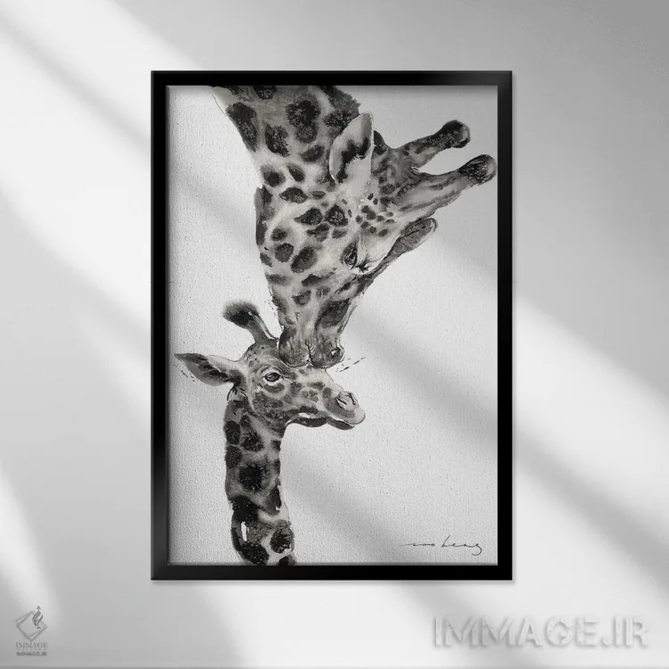 تابلو دکوراتیو عشق زرافه اثر سو بنگ لیم - نمای قابدار مشکی