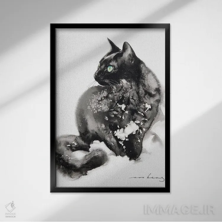 تابلو دکوراتیو گربه بانمک اثر سو بنگ لیم - نمای قابدار مشکی