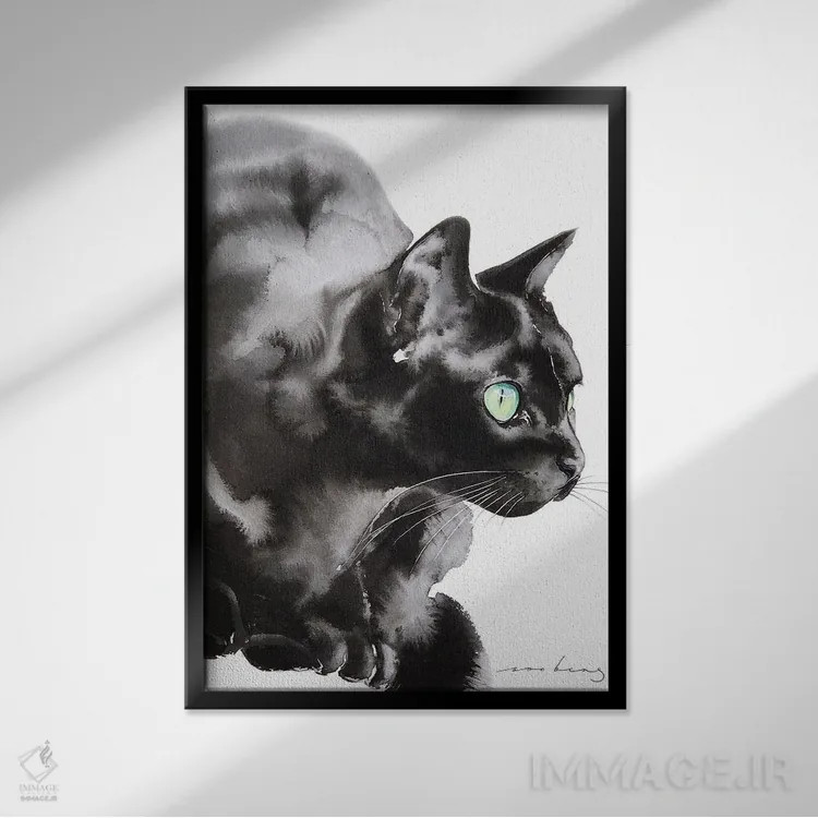 تابلو دکوراتیو شکار گربه اثر سو بنگ لیم - نمای قابدار مشکی