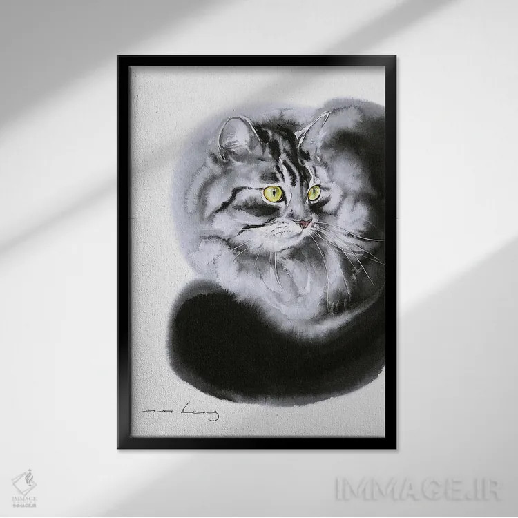 تابلو دکوراتیو آرامش گربه سان اثر سو بنگ لیم - نمای قابدار مشکی