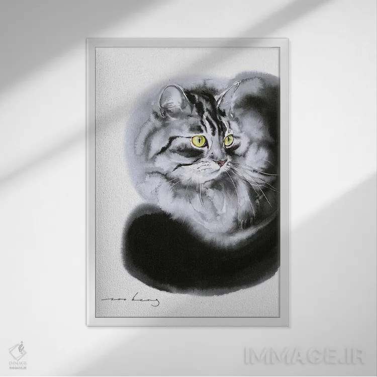 تابلو دکوراتیو آرامش گربه سان اثر سو بنگ لیم - نمای قابدار سفید