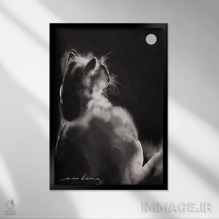 تابلو دکوراتیو گربه زیر نور ماه اثر سو بنگ لیم - نمای قابدار مشکی