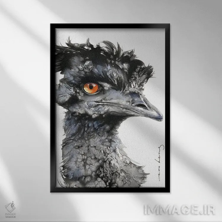 تابلو دکوراتیو شترمرغ کنجکاو اثر سو بنگ لیم - نمای قابدار مشکی