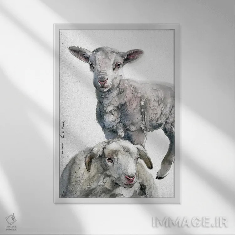 تابلو دکوراتیو بره های دوقلو اثر سو بنگ لیم - نمای قابدار سفید