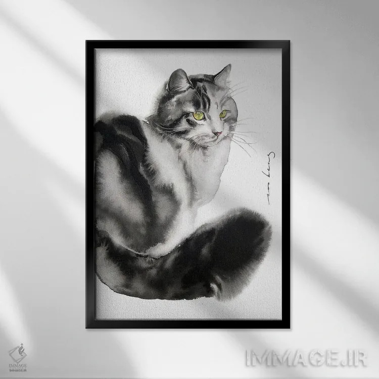 تابلو دکوراتیو گربه دوست داشتنی اثر سو بنگ لیم - نمای قابدار مشکی