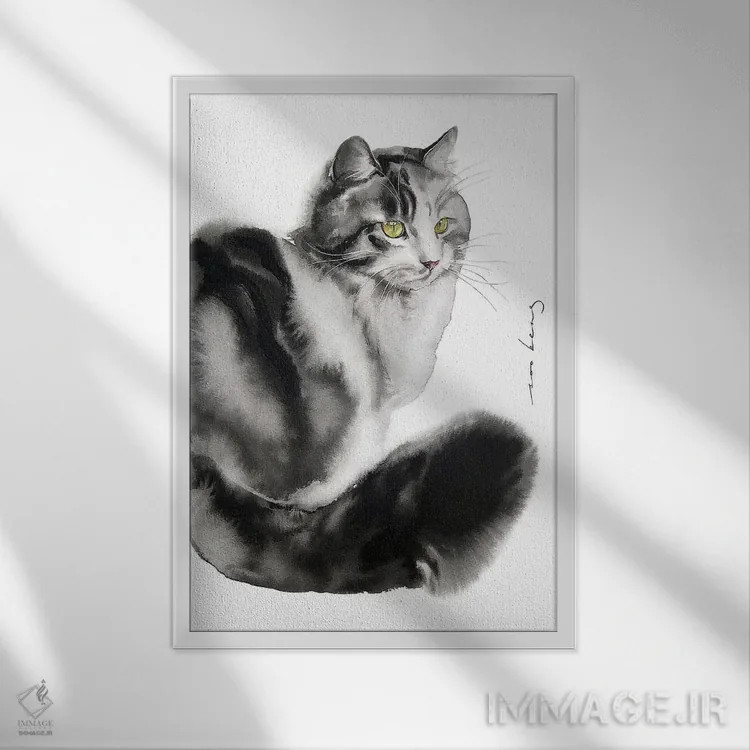 تابلو دکوراتیو گربه دوست داشتنی اثر سو بنگ لیم - نمای قابدار سفید