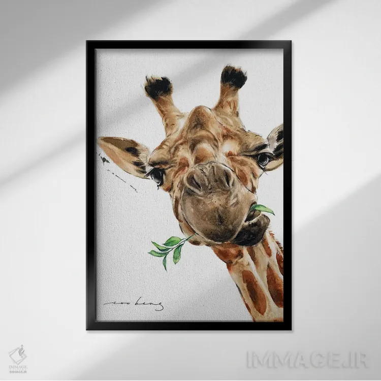 تابلو دکوراتیو زرافه گرسنه اثر سو بنگ لیم - نمای قابدار مشکی
