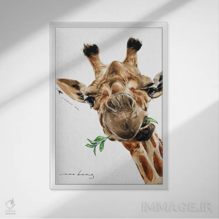 تابلو دکوراتیو زرافه گرسنه اثر سو بنگ لیم - نمای قابدار سفید
