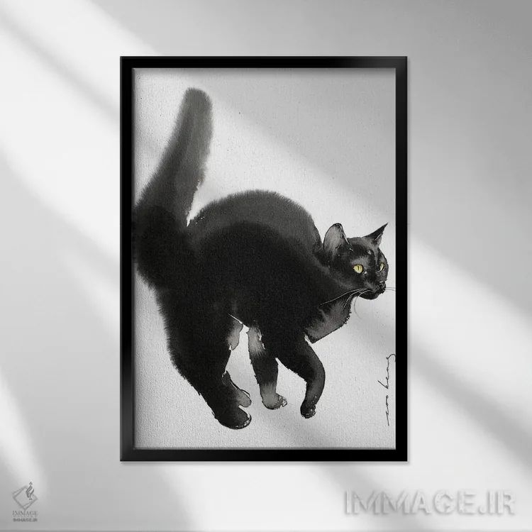 تابلو دکوراتیو گربه آماده حرکت اثر سو بنگ لیم - نمای قابدار مشکی