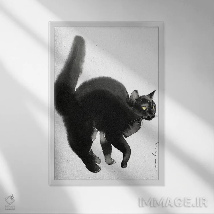 تابلو دکوراتیو گربه آماده حرکت اثر سو بنگ لیم - نمای قابدار سفید
