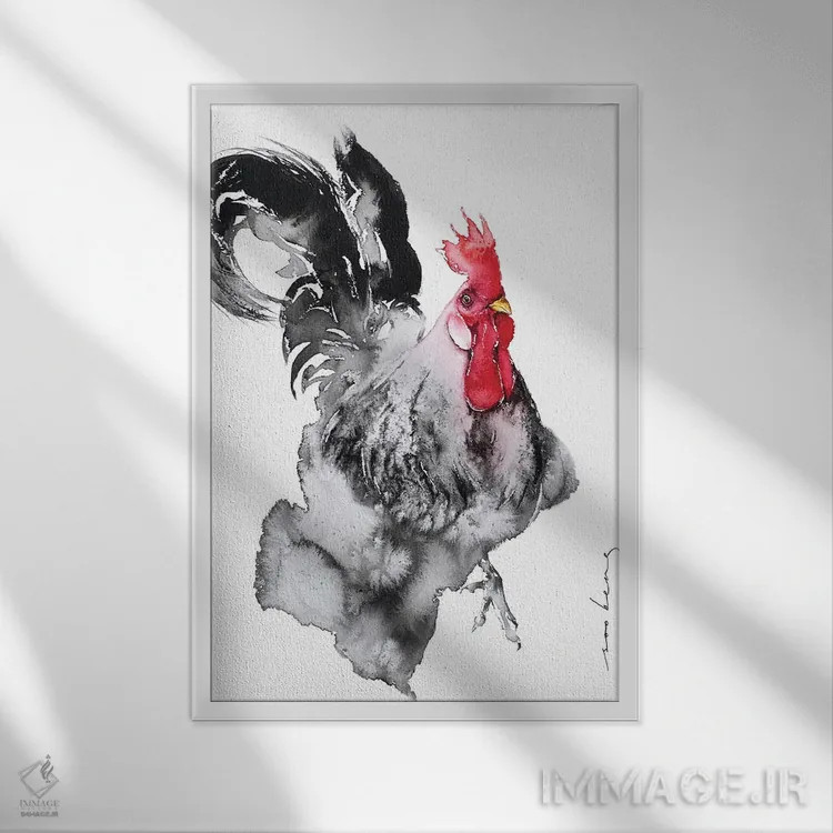 تابلو دکوراتیو ظرافت خروس اثر سو بنگ لیم - نمای قابدار سفید