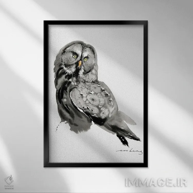 تابلو دکوراتیو جغد خیال انگیز اثر سو بنگ لیم - نمای قابدار مشکی