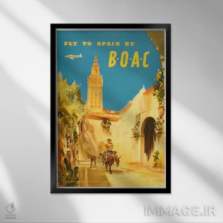 تابلو دکوراتیو پرواز به اسپانیا با شرکت BOAC - نمای قابدار مشکی