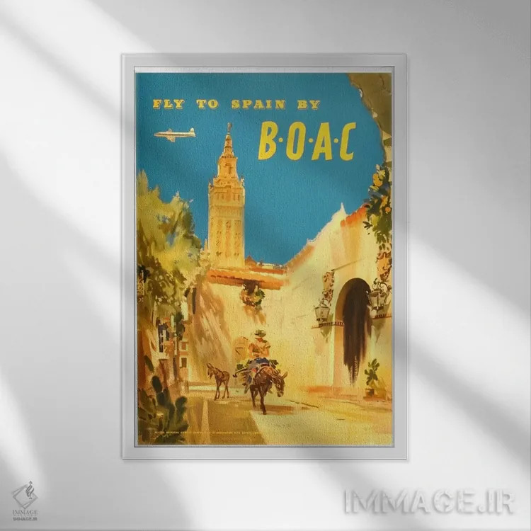 تابلو دکوراتیو پرواز به اسپانیا با شرکت BOAC - نمای قابدار سفید