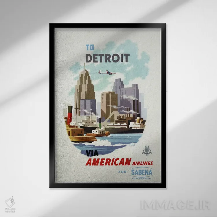 تابلو دکوراتیو هواپیمایی آمریکن و سابنا به مقصد دیترویت - نمای قابدار مشکی