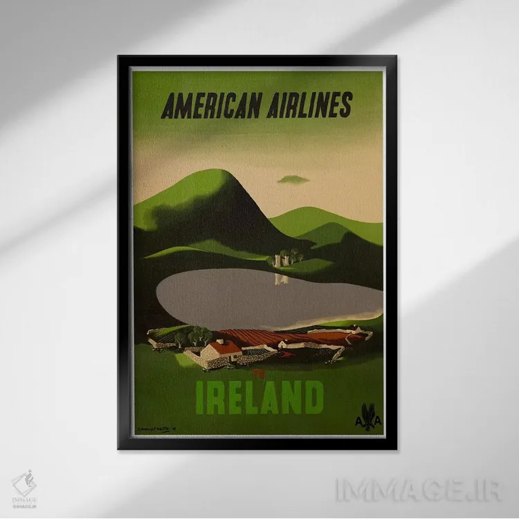 تابلو دکوراتیو هواپیمایی آمریکن به مقصد ایرلند - نمای قابدار مشکی