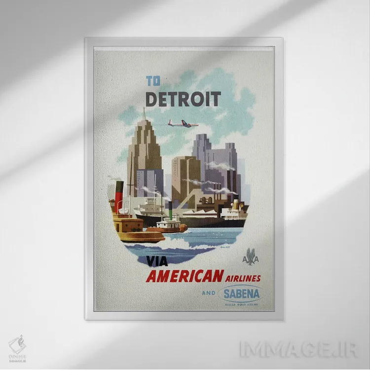 تابلو دکوراتیو هواپیمایی آمریکن و سابنا به مقصد دیترویت - نمای قابدار سفید
