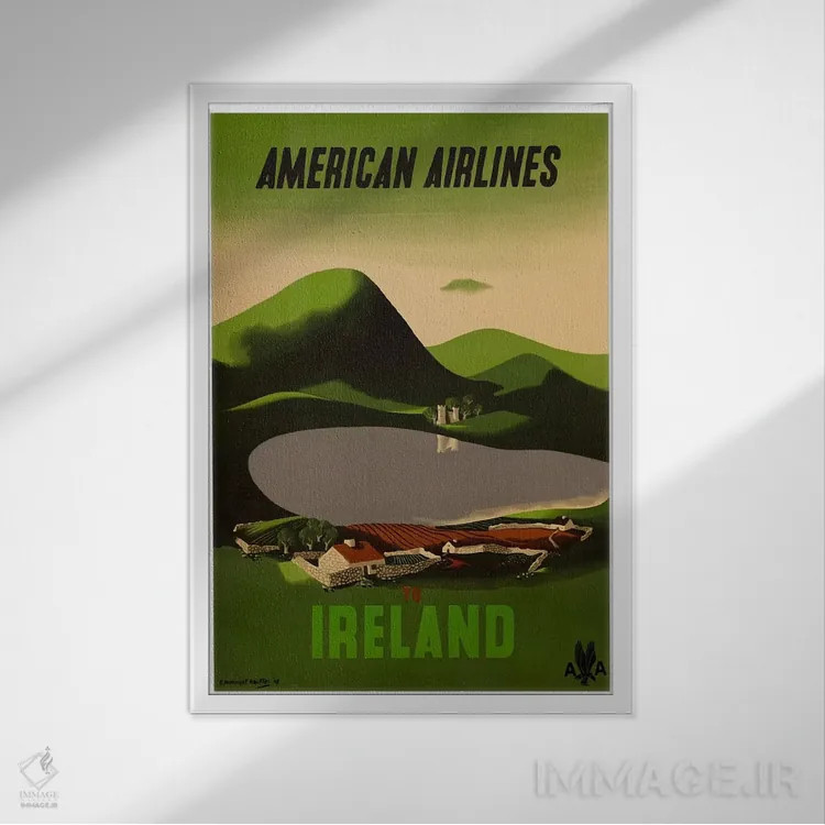 تابلو دکوراتیو هواپیمایی آمریکن به مقصد ایرلند - نمای قابدار سفید