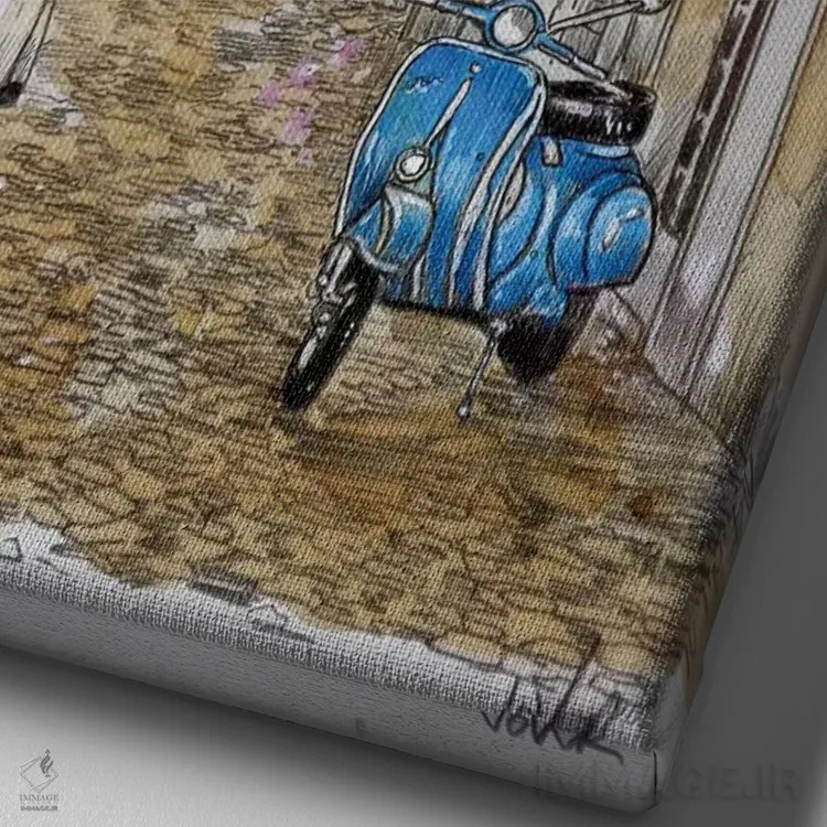 تابلو دکوراتیو اسکوتر آبی کوچک اثر لوی جوور - نمای نزدیک بافت بوم