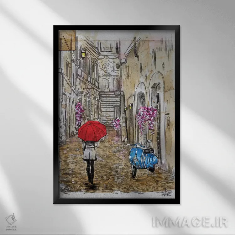 تابلو دکوراتیو اسکوتر آبی کوچک اثر لوی جوور - نمای قابدار مشکی