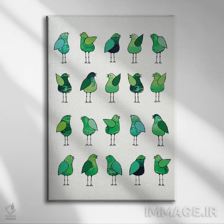تابلو مدرن پرندگان خبرچین سبز اثر لیزا فرانسیس جاد - نمای روبهرو روی دیوار