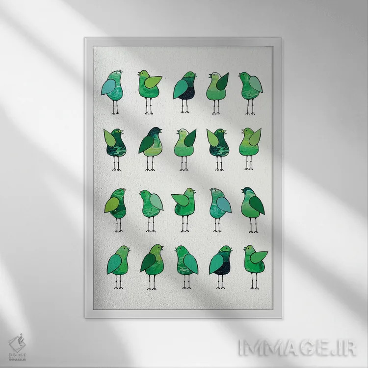 تابلو مدرن پرندگان خبرچین سبز اثر لیزا فرانسیس جاد - نمای قابدار سفید