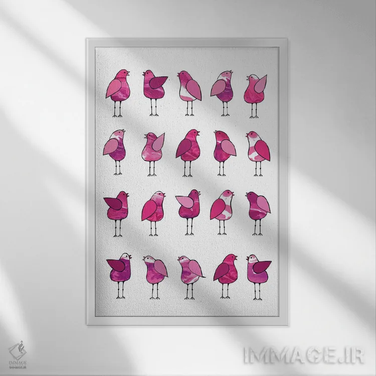تابلو مدرن پرندگان خبرچین صورتی اثر لیزا فرانسیس جاد - نمای قابدار سفید
