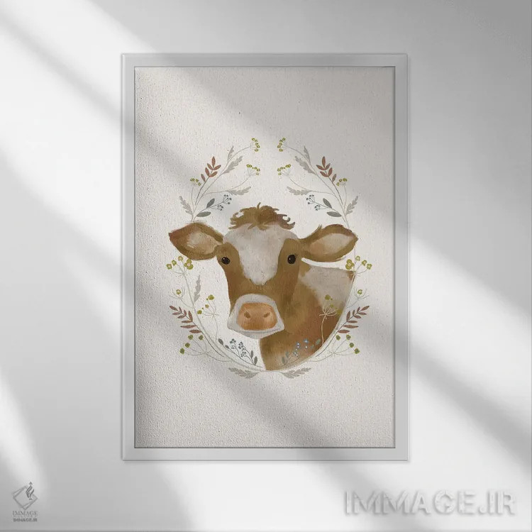 تابلو مدرن گاو روستایی شماره ۱ اثر لورا کونیندیک - نمای قابدار سفید
