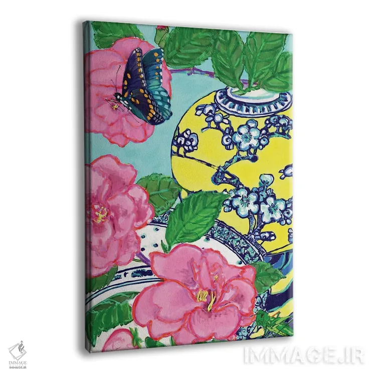 تابلو دکوراتیو کاملیا و پروانه آبی اثر لوسی کلیمنکو - نمای پرسپکتیو محصول