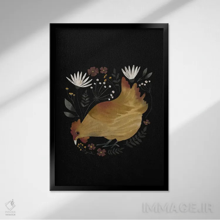 تابلو مدرن مرغ روستایی شماره ۱ اثر لورا کونیندیک - نمای قابدار مشکی