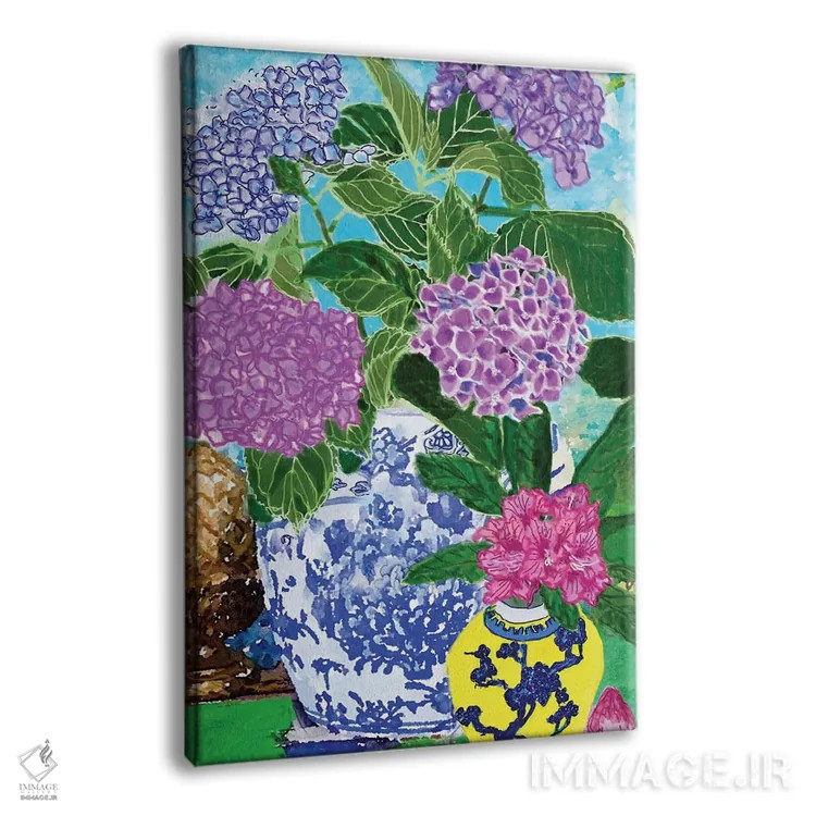 تابلو دکوراتیو هورتانسیاها در کوزه های چینی اثر لوسی کلیمنکو - نمای پرسپکتیو محصول