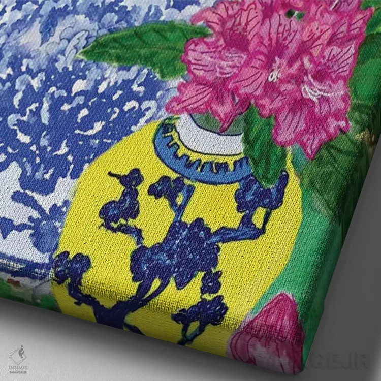 تابلو دکوراتیو هورتانسیاها در کوزه های چینی اثر لوسی کلیمنکو - نمای نزدیک بافت بوم