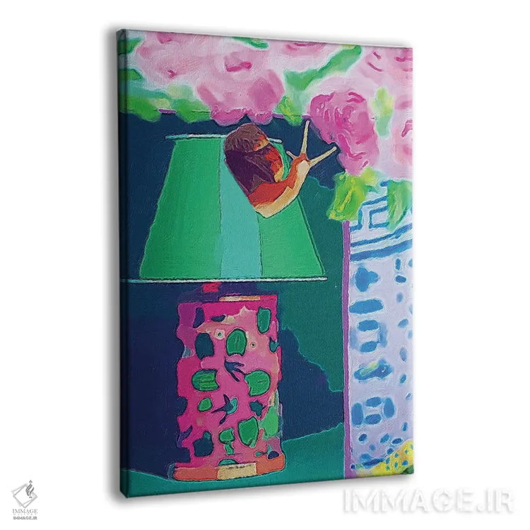 تابلو دکوراتیو حلزون روی زمینه صورتی و سبز اثر لوسی کلیمنکو - نمای پرسپکتیو محصول