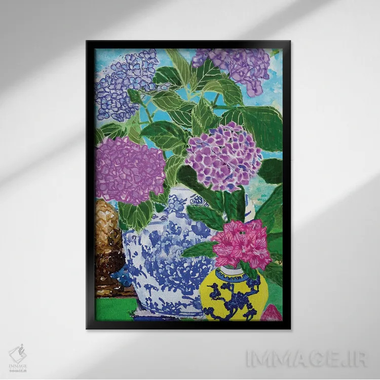 تابلو دکوراتیو هورتانسیاها در کوزه های چینی اثر لوسی کلیمنکو - نمای قابدار مشکی