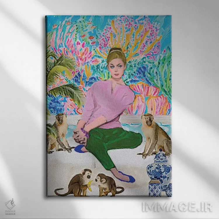 تابلو دکوراتیو بلوند و چهار میمون اثر لوسی کلیمنکو - نمای روبهرو روی دیوار