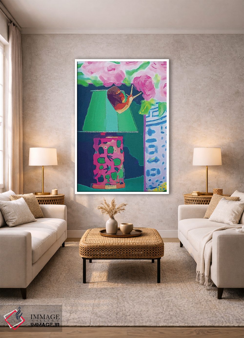 تابلو دکوراتیو حلزون روی زمینه صورتی و سبز اثر لوسی کلیمنکو - D1W