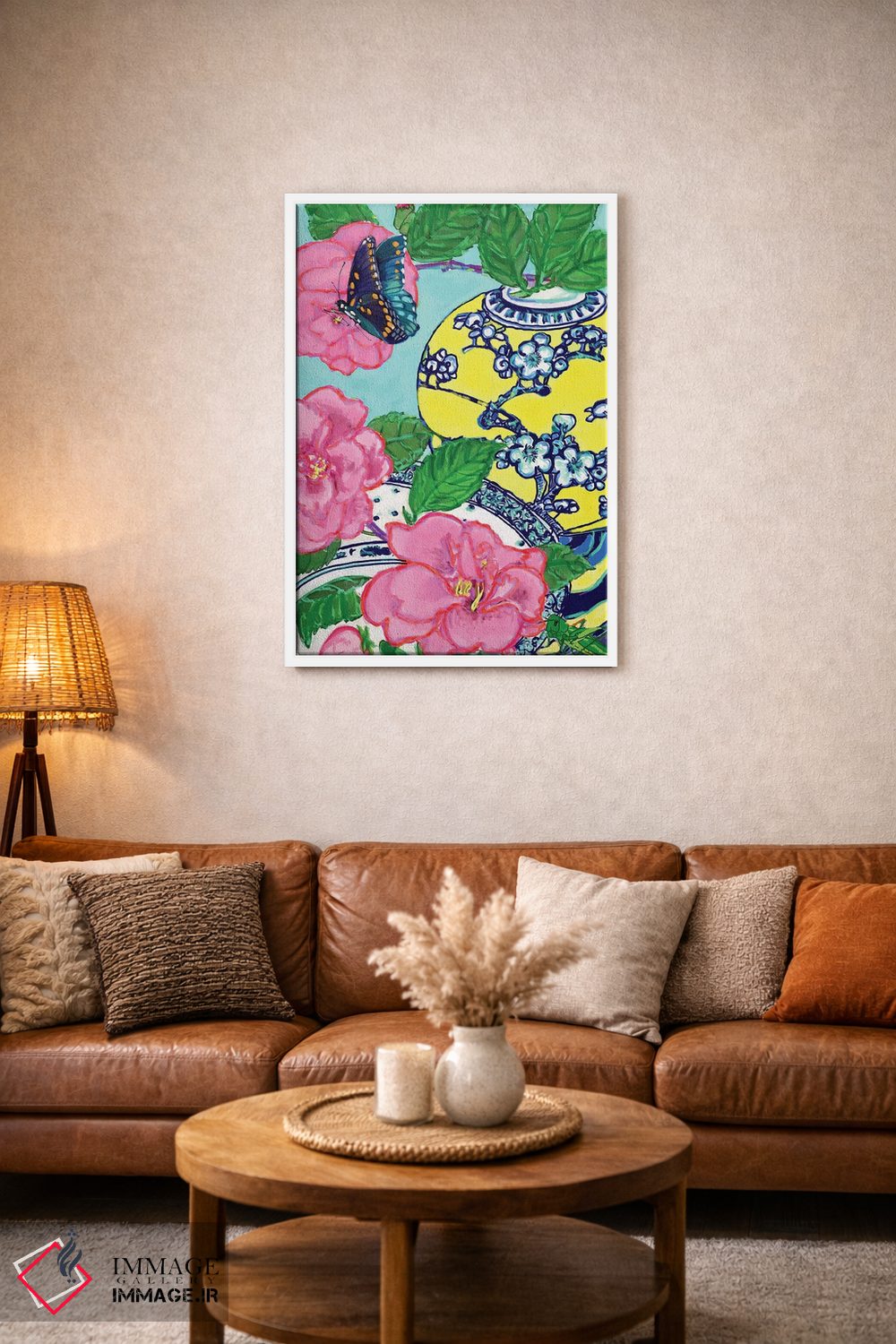 تابلو دکوراتیو کاملیا و پروانه آبی اثر لوسی کلیمنکو - D1W