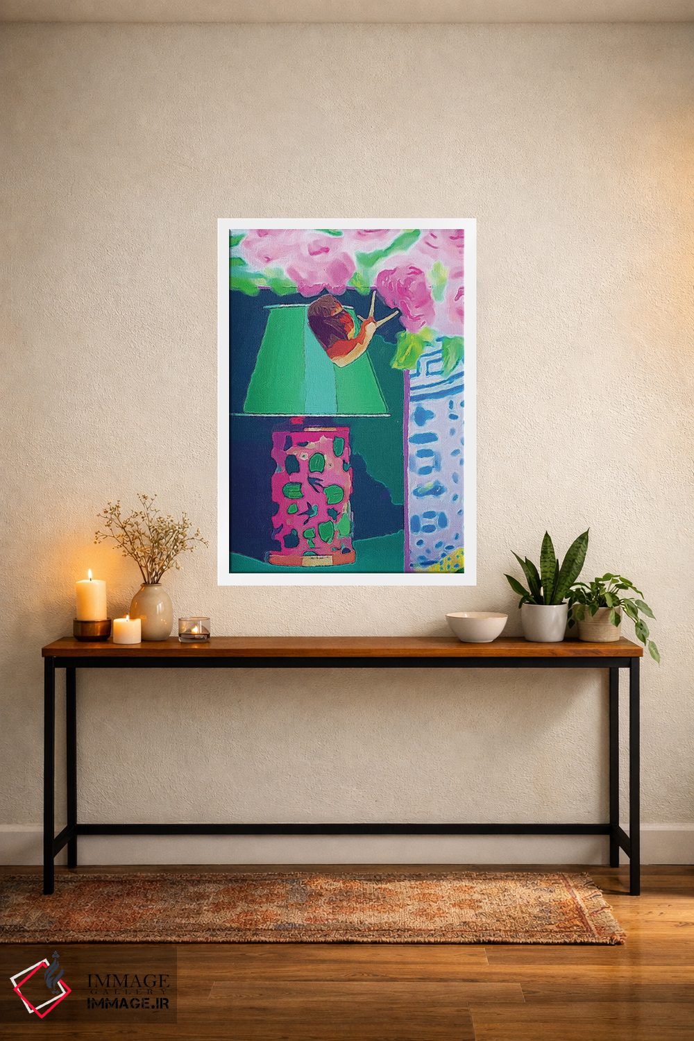 تابلو دکوراتیو حلزون روی زمینه صورتی و سبز اثر لوسی کلیمنکو - D4W