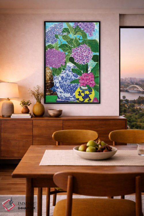 تابلو دکوراتیو هورتانسیاها در کوزه های چینی اثر لوسی کلیمنکو - D5B