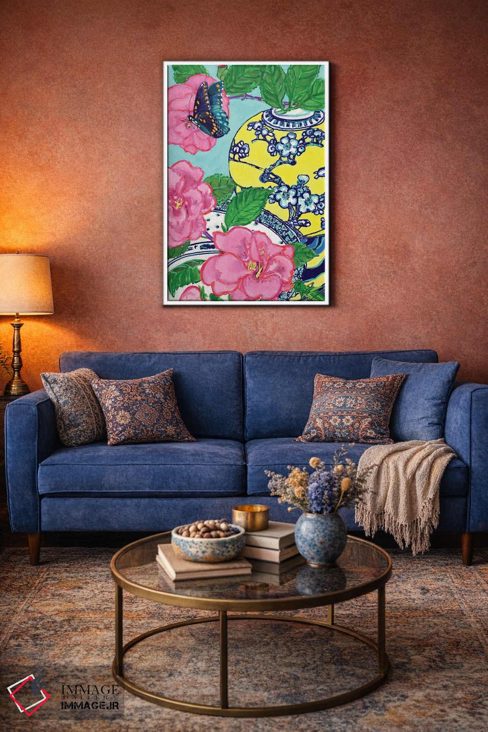 تابلو دکوراتیو کاملیا و پروانه آبی اثر لوسی کلیمنکو - D2W