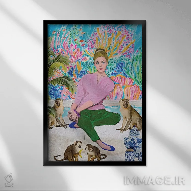 تابلو دکوراتیو بلوند و چهار میمون اثر لوسی کلیمنکو - نمای قابدار مشکی