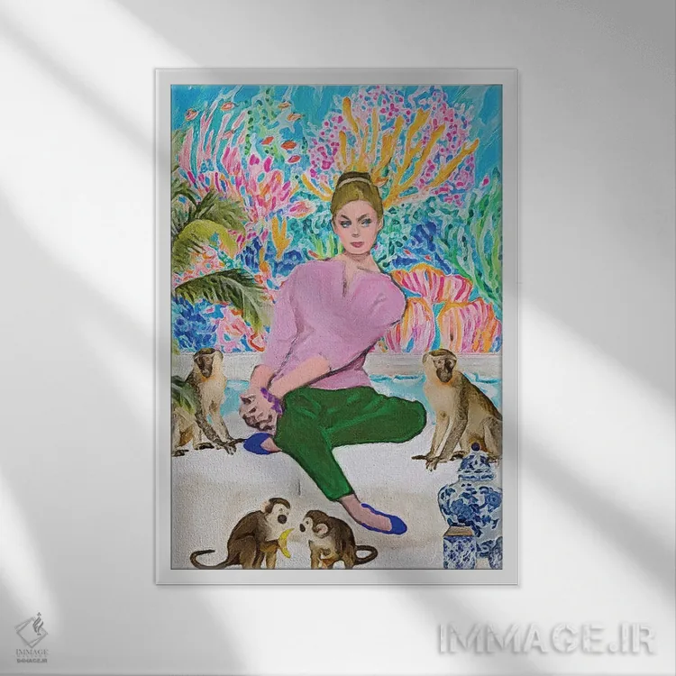 تابلو دکوراتیو بلوند و چهار میمون اثر لوسی کلیمنکو - نمای قابدار سفید