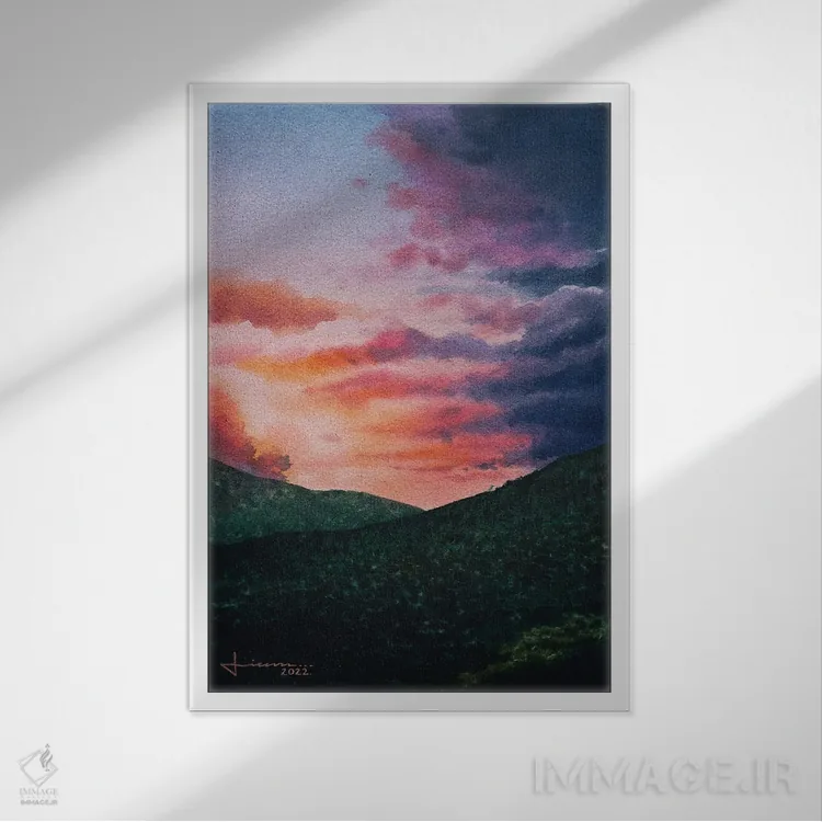 تابلو دکوراتیو غروب پاستلی اثر لیام کوموات - نمای قابدار سفید